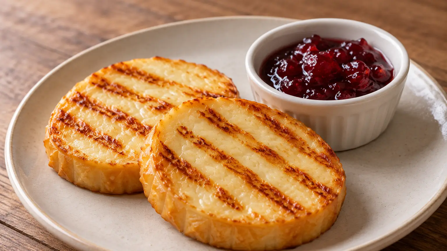 Gegrilde plakken gerookte oscypek met gebruinde strepen en cranberryjam