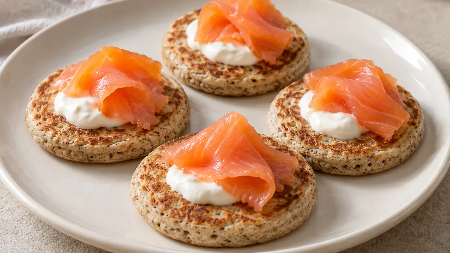 Piccoli blini soffici al grano saraceno con lievito, panna acida e salmone affumicato a freddo
