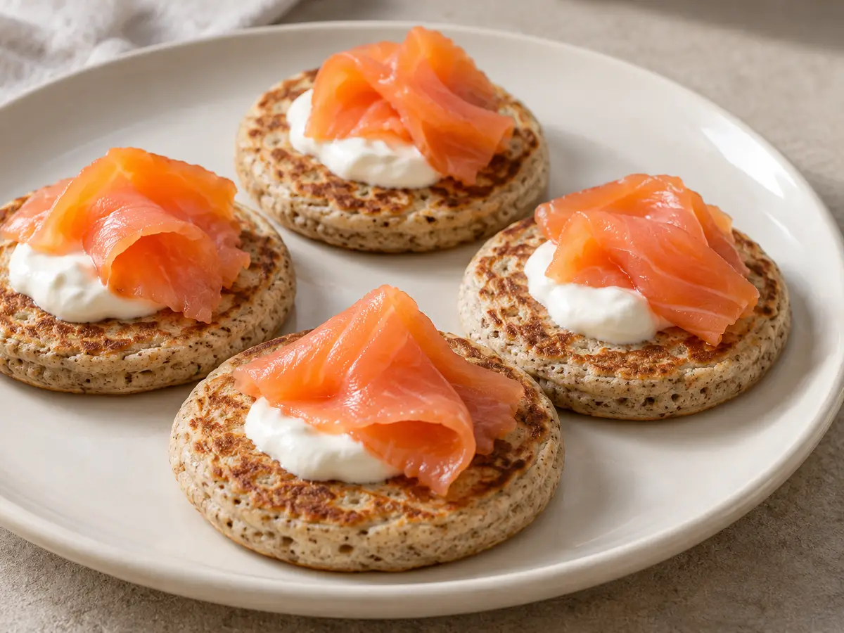 Blini al grano saraceno con lievito, salmone e panna acida