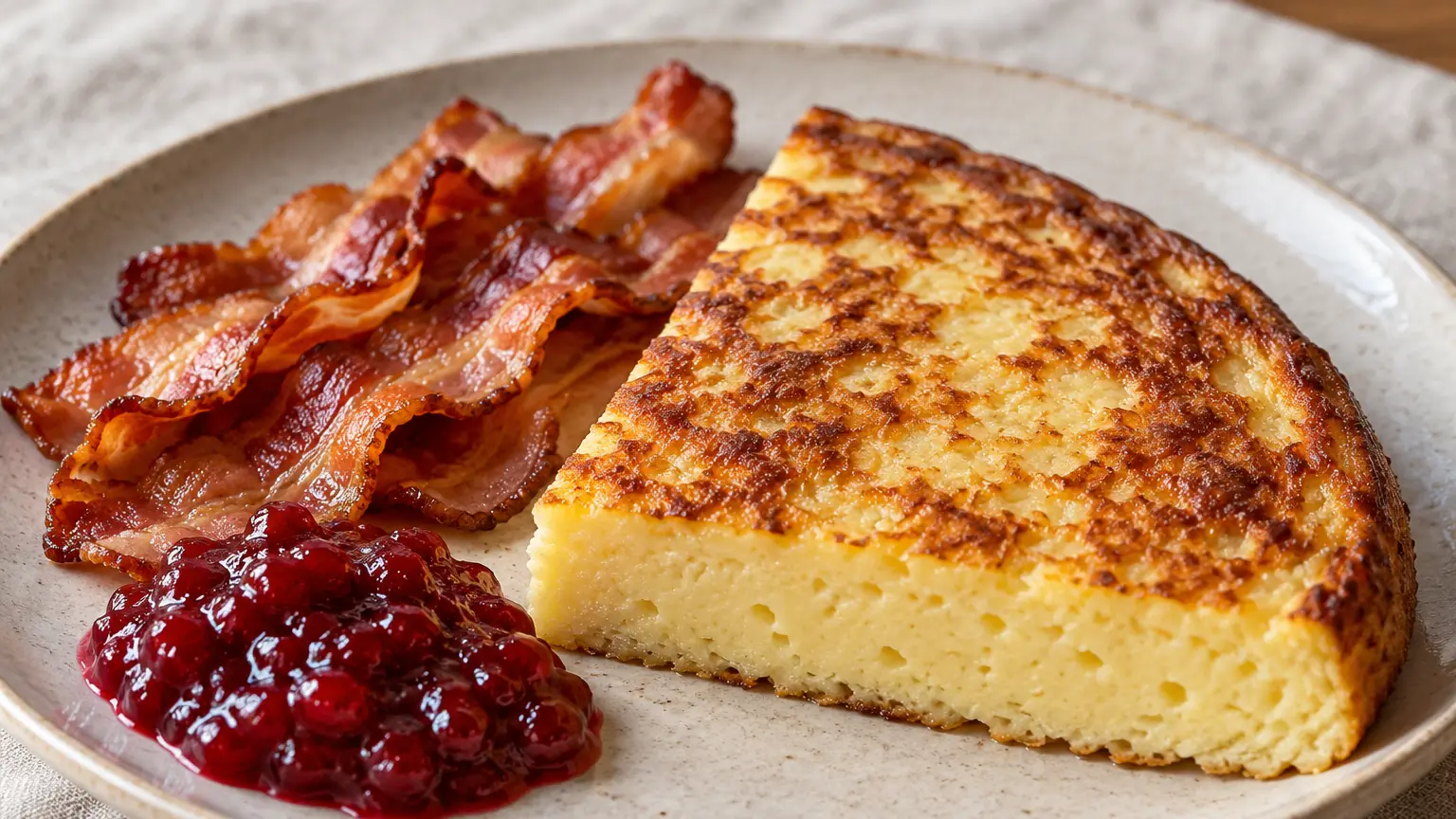 Tortino svedese äggakaka spesso e dorato con pancetta croccante e confettura di mirtilli rossi