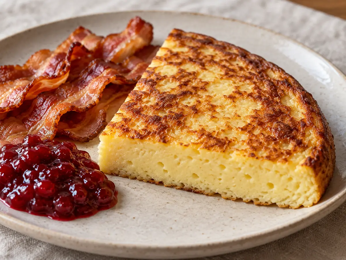 Äggakaka — Swedish egg pancake with bacon and lingonberries