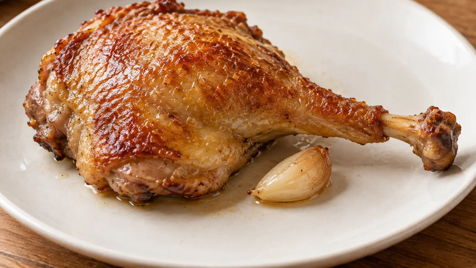 Coscia d’anatra confit con pelle dorata e croccante e aglio morbido
