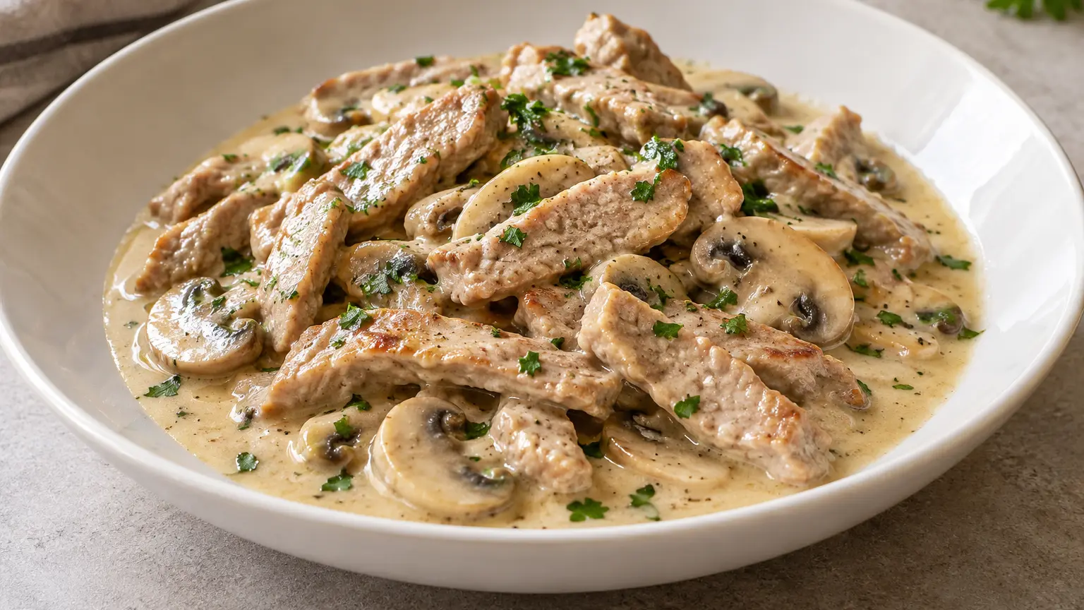 Sottili striscioline di vitello con champignon in una salsa cremosa chiara al prezzemolo