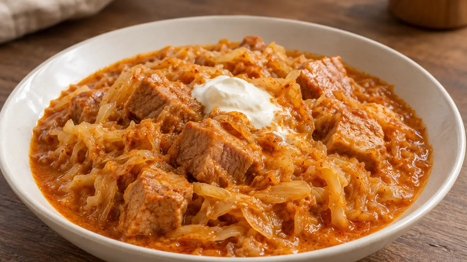 Szegediner goulash met mals varkensvlees, sliertjes zuurkool en een schepje zure room