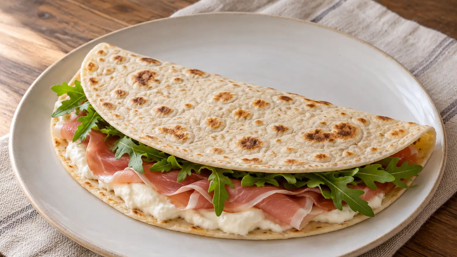Huisgemaakte piadina tot een halve maan gevouwen met romige kaas, gerijpte ham en verse rucola