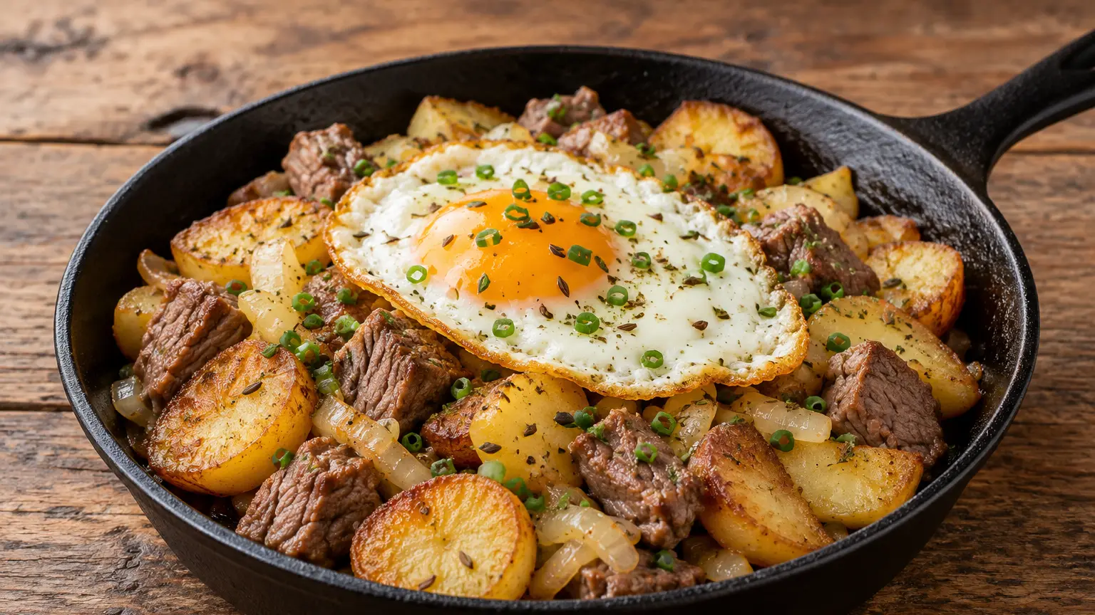 Tiroler Gröstl met goudbruine aardappelplakjes, gaar rundvlees en een spiegelei