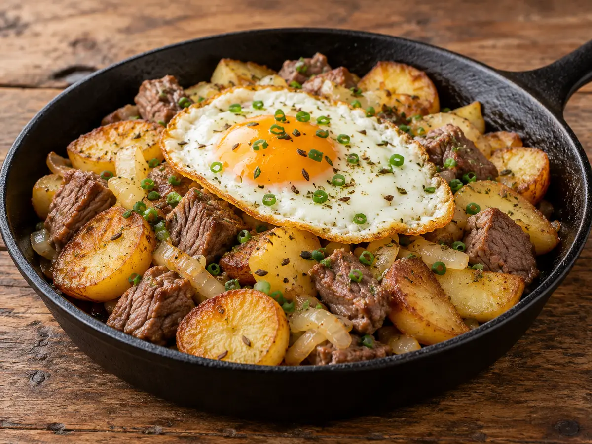 Tiroler Gröstl — patate con manzo e uovo al tegamino
