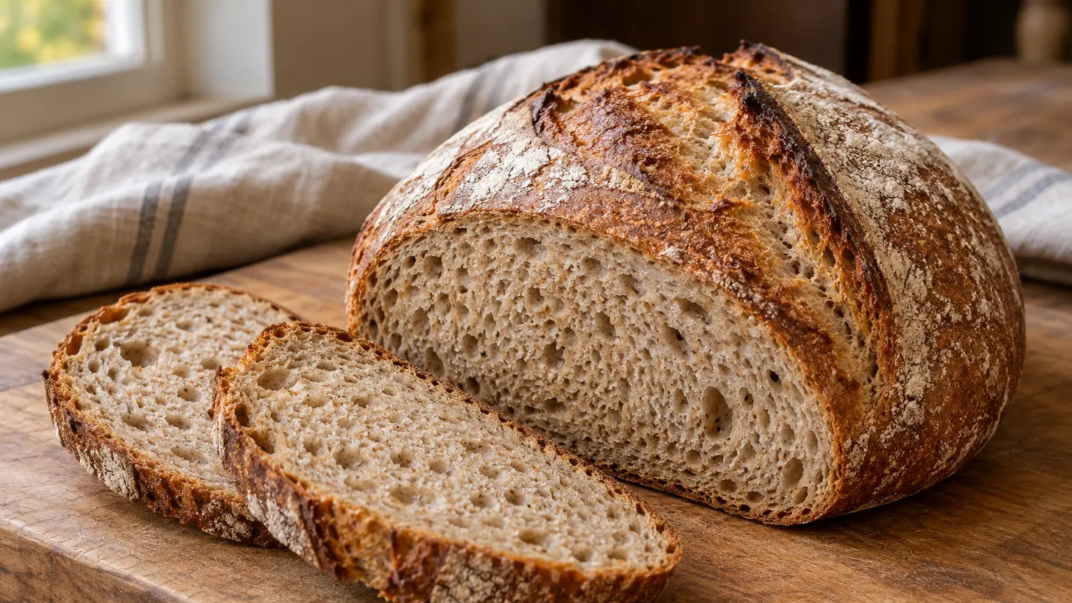 Pane rotondo di frumento e segale a lievitazione naturale, crosta croccante e fette di mollica elastica