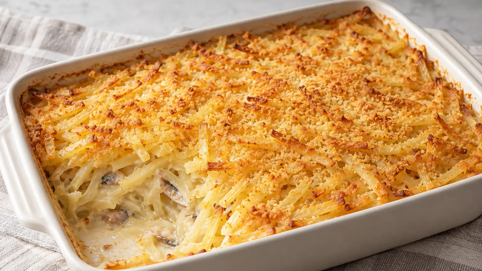 Janssons frestelse con bastoncini di patate, spratti speziati e una superficie dorata croccante