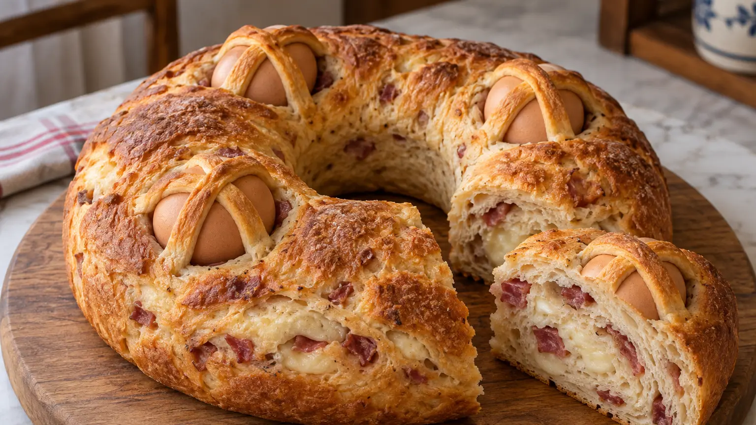 Ciambella casatiello con quattro uova sotto croci di impasto e fetta che mostra salame e formaggio