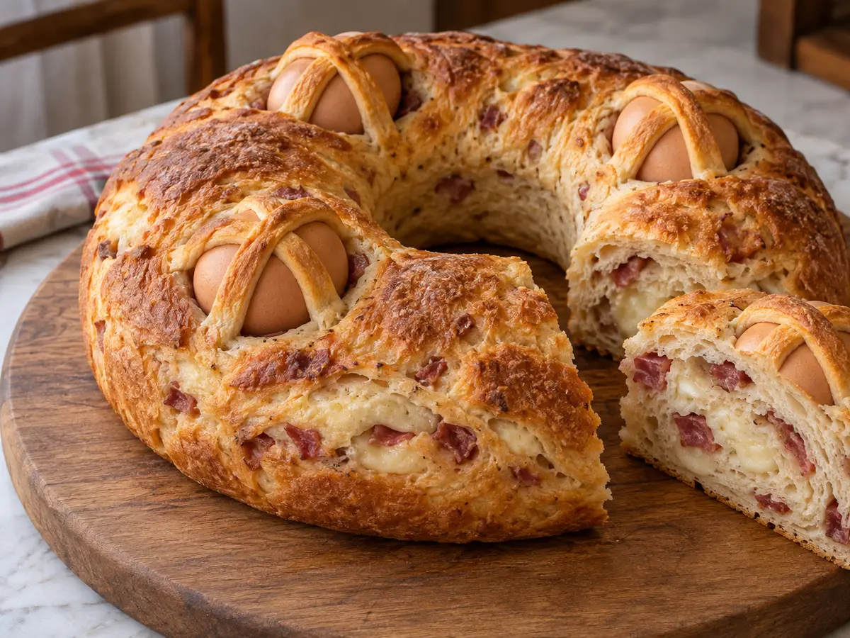 Casatiello — ciambella lievitata con salame, formaggio e uova