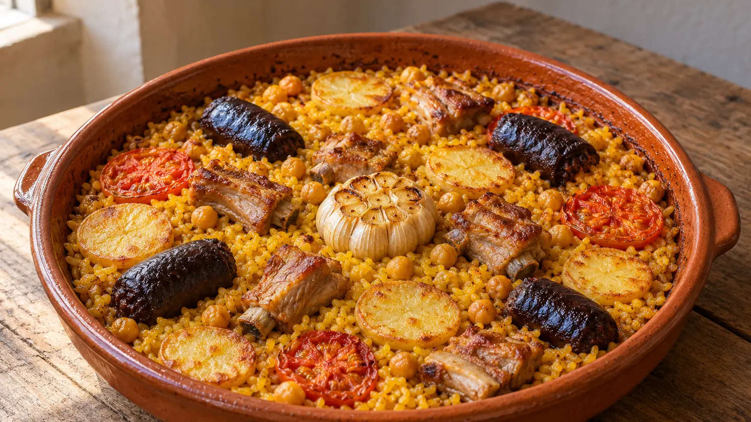 Arroz al horno valenciano con costine, morcilla, patate, ceci e testa d'aglio