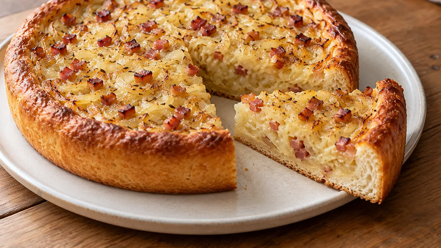 Zwiebelkuchen rotondo dal bordo lievitato dorato con fetta che mostra il ripieno di cipolle e pancetta