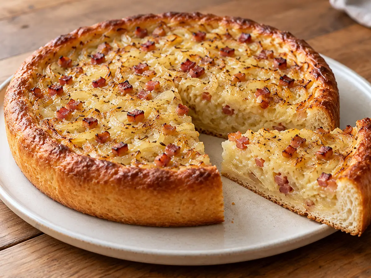 Zwiebelkuchen — torta salata lievitata con cipolle e pancetta