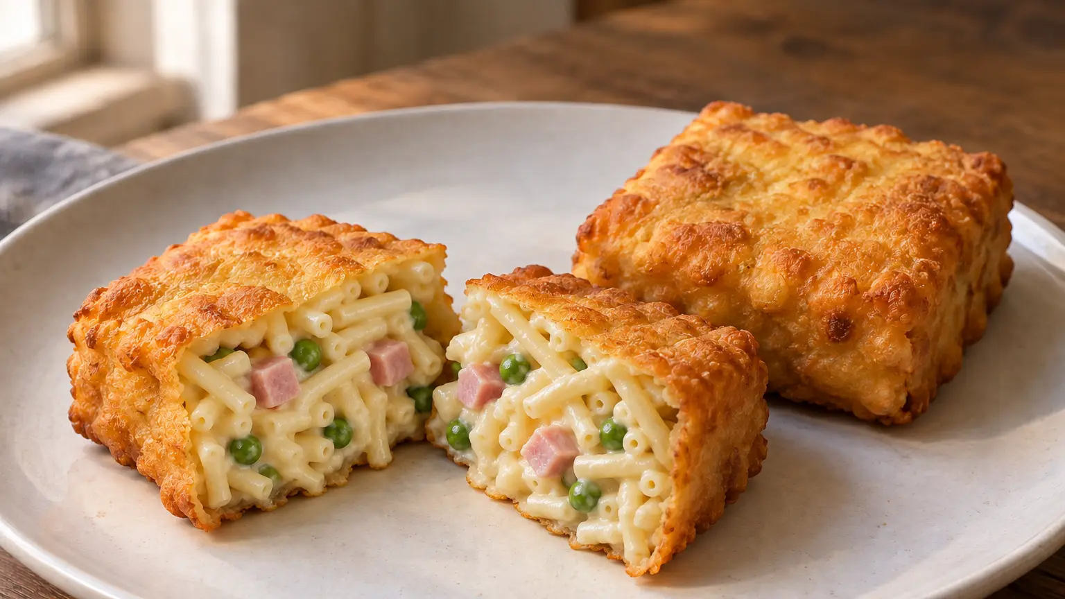 Frittatine di pasta quadrate dorate aperte sul cuore di bucatini prosciutto e piselli
