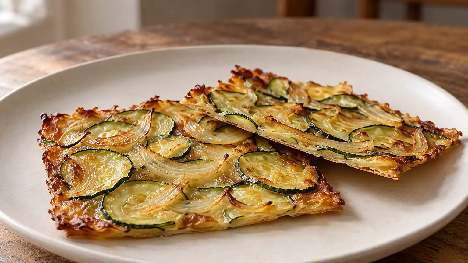 Dunne goudbruine scarpaccia di Camaiore met courgette en ui in stukken gesneden met knapperige randen