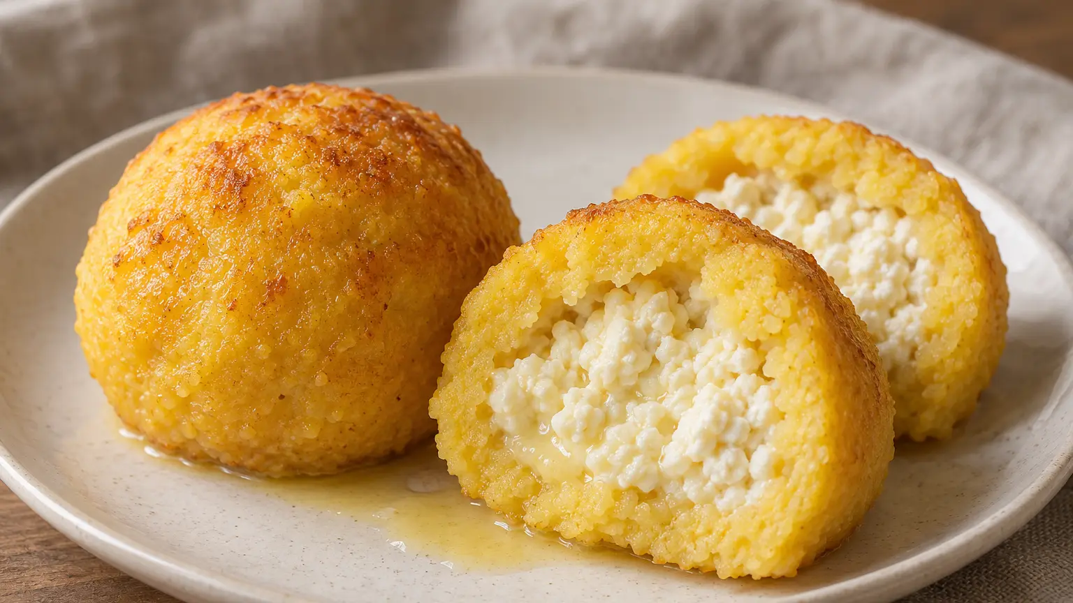 Bulz di polenta dorato al forno con ripieno cremoso di formaggio di pecora