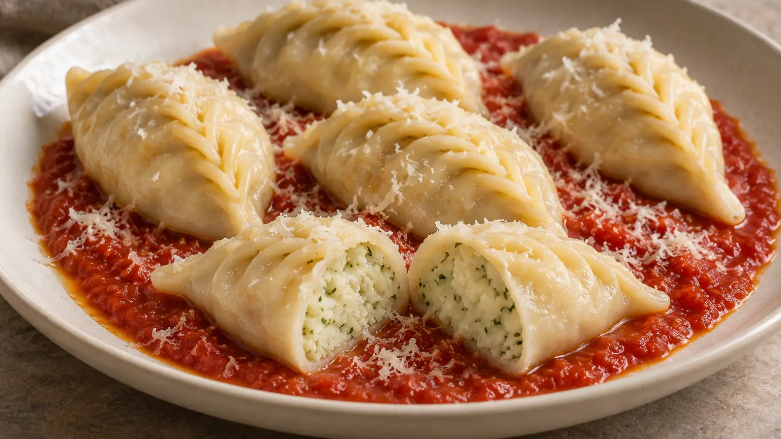 Culurgiones sardi con chiusura a spighitta, sugo di pomodoro e pecorino grattugiato
