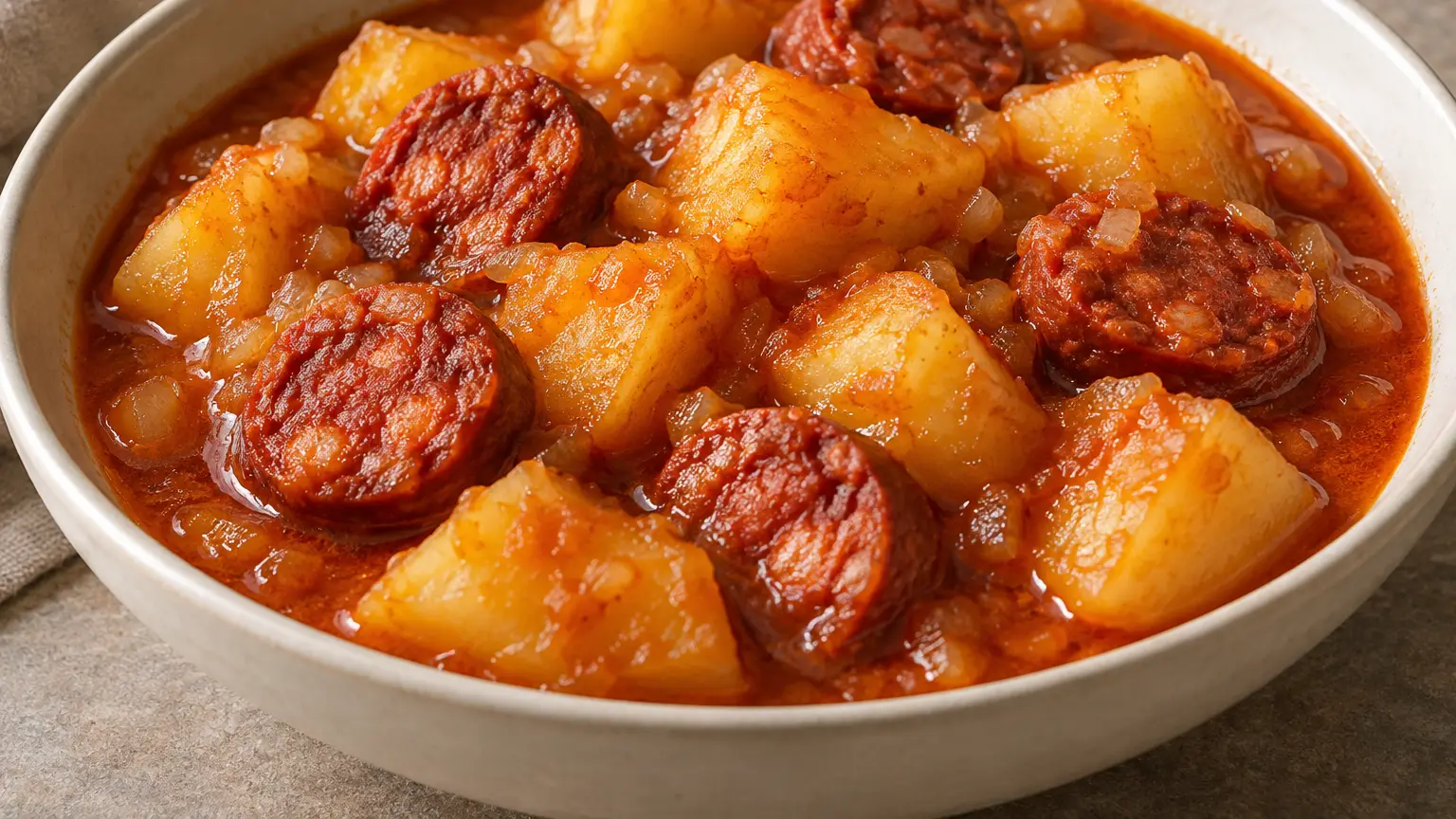 Patatas a la riojana con patate irregolari e chorizo in salsa rossa alla paprika