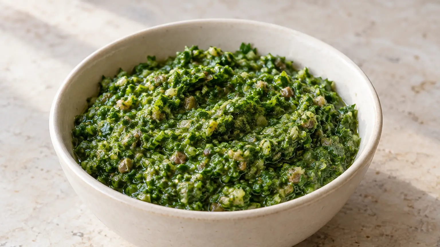 Dikke salsa verde piemontese van peterselie, ansjovis en kappertjes in een kommetje