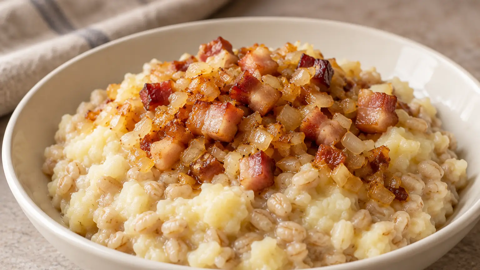 Mulgipuder estone con chicchi d'orzo perlato visibili, pancetta rosolata e cipolla