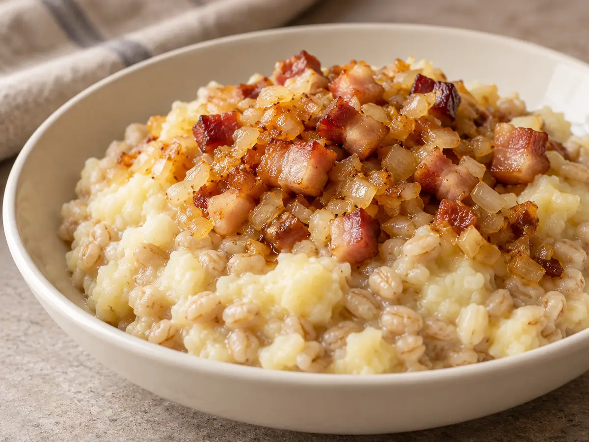 Mulgipuder — patatas con cebada perlada, panceta y cebolla