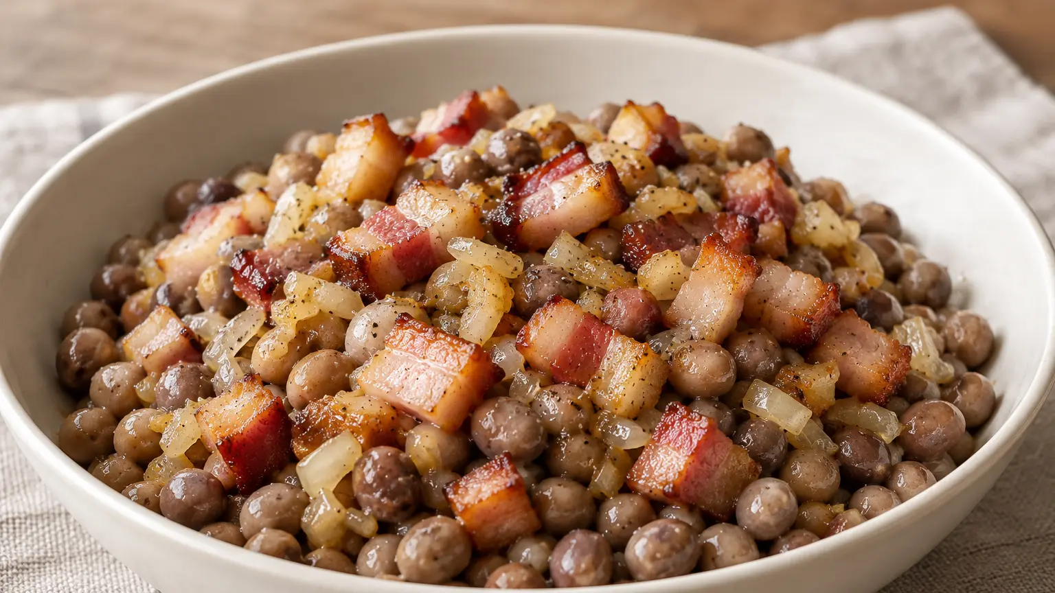 Piselli grigi lettoni interi con cubetti di pancetta rosolata e cipolla dorata