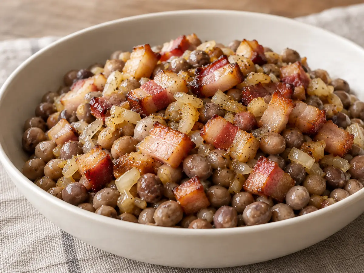 Pelēkie zirņi ar speķi — piselli grigi lettoni con pancetta