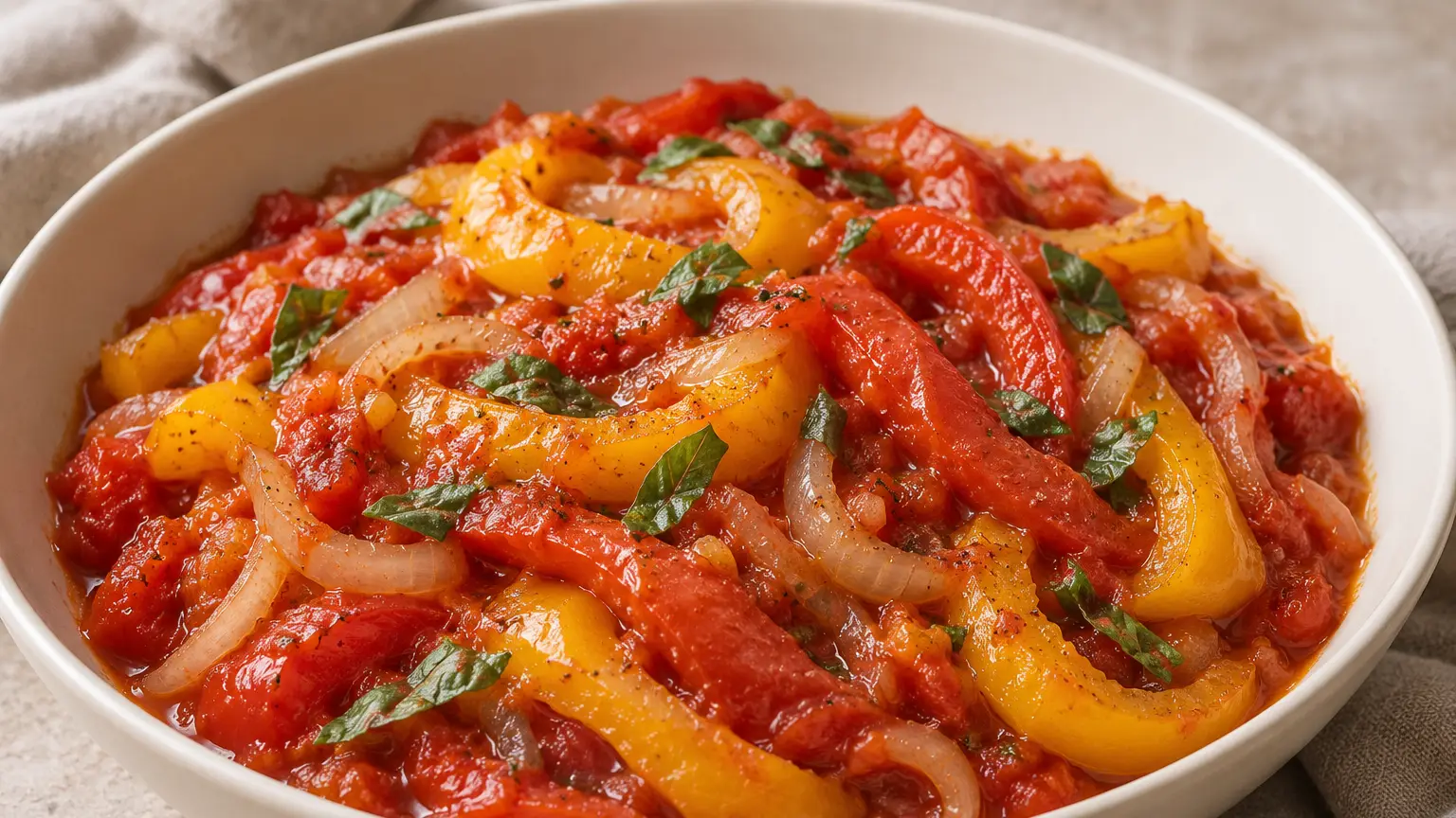Italiaanse peperonata met zachte rode en gele paprika, ui, tomaten en basilicum