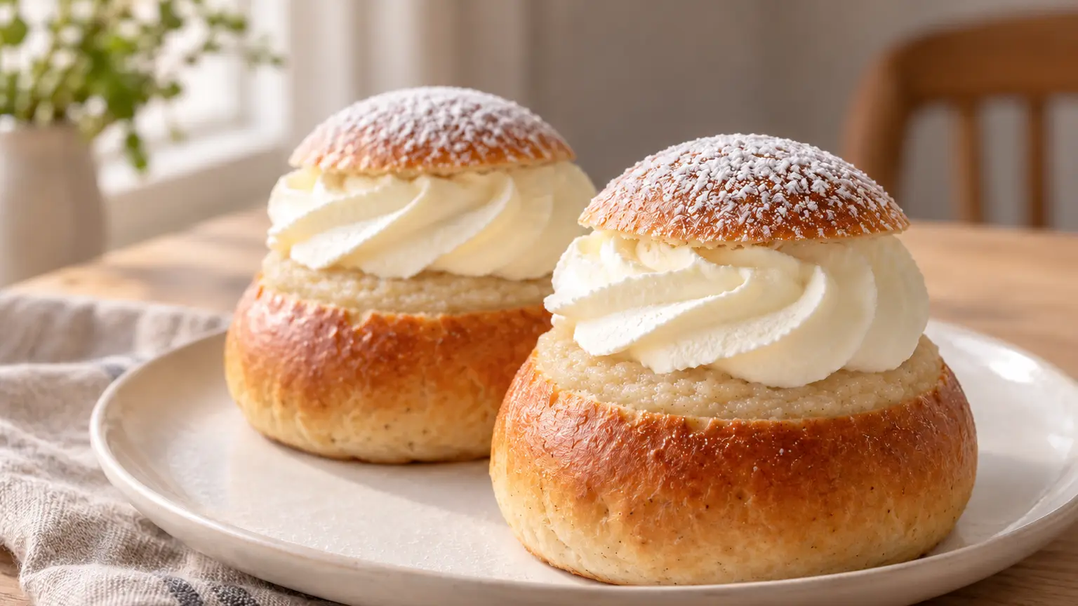 Zweedse semlor met amandelvulling, slagroom en kleine dekseltjes licht bestoven met poedersuiker