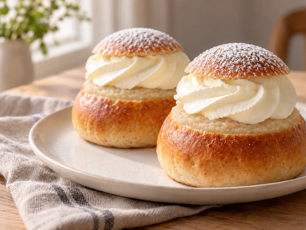 Semlor — schwedische Kardamombrötchen mit Mandeln und Schlagsahne