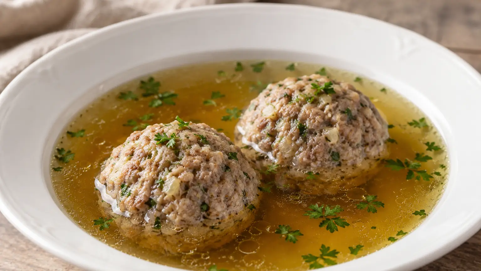 Oostenrijkse heldere runderbouillon met twee leverknödels en wat fijngehakte verse peterselie