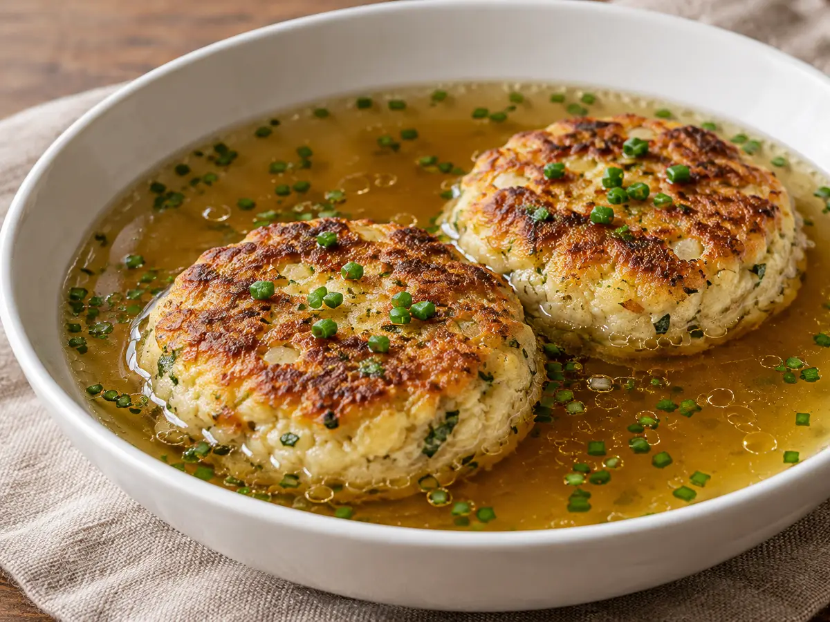 Kaspressknödelsuppe — bouillon met gebakken kaasknoedels