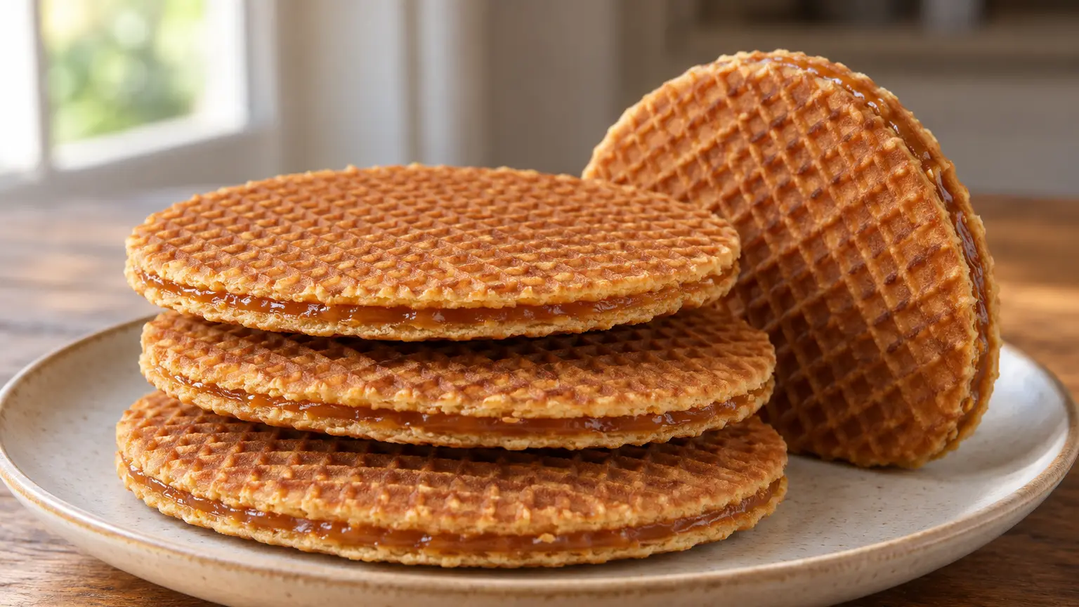 Dunne goudgele stroopwafels met fijne ruitjes en boterige stroopvulling tussen twee lagen