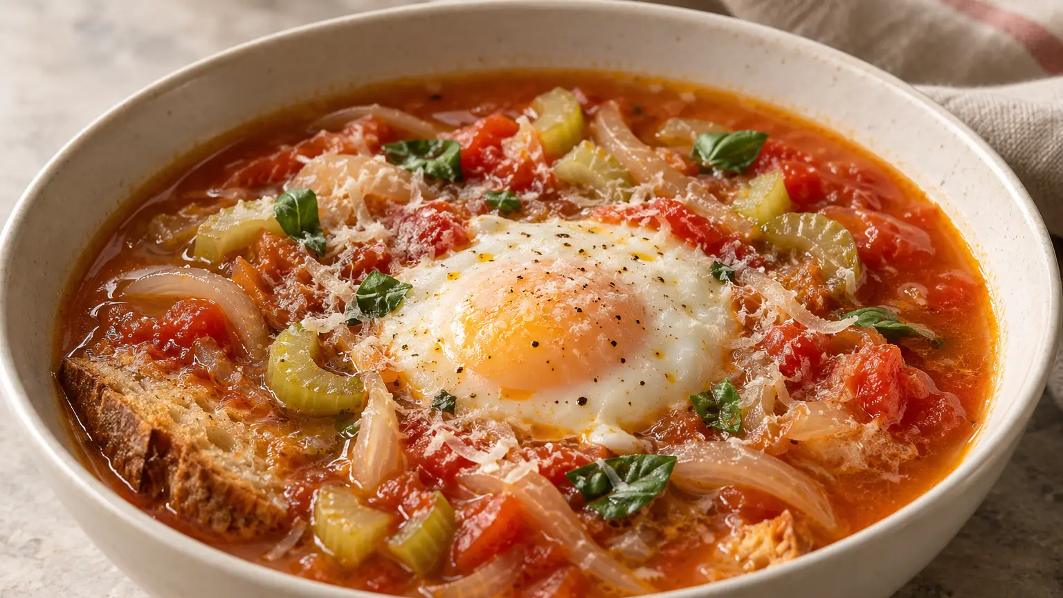 Acquacotta con verdure morbide, pane, uovo cotto nella zuppa e pecorino ovino
