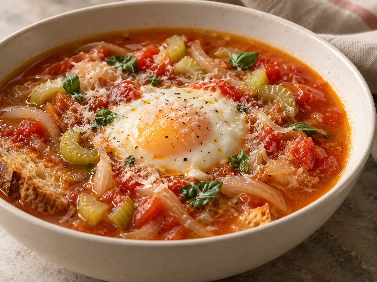 Acquacotta — zuppa toscana con pane, uovo e pecorino