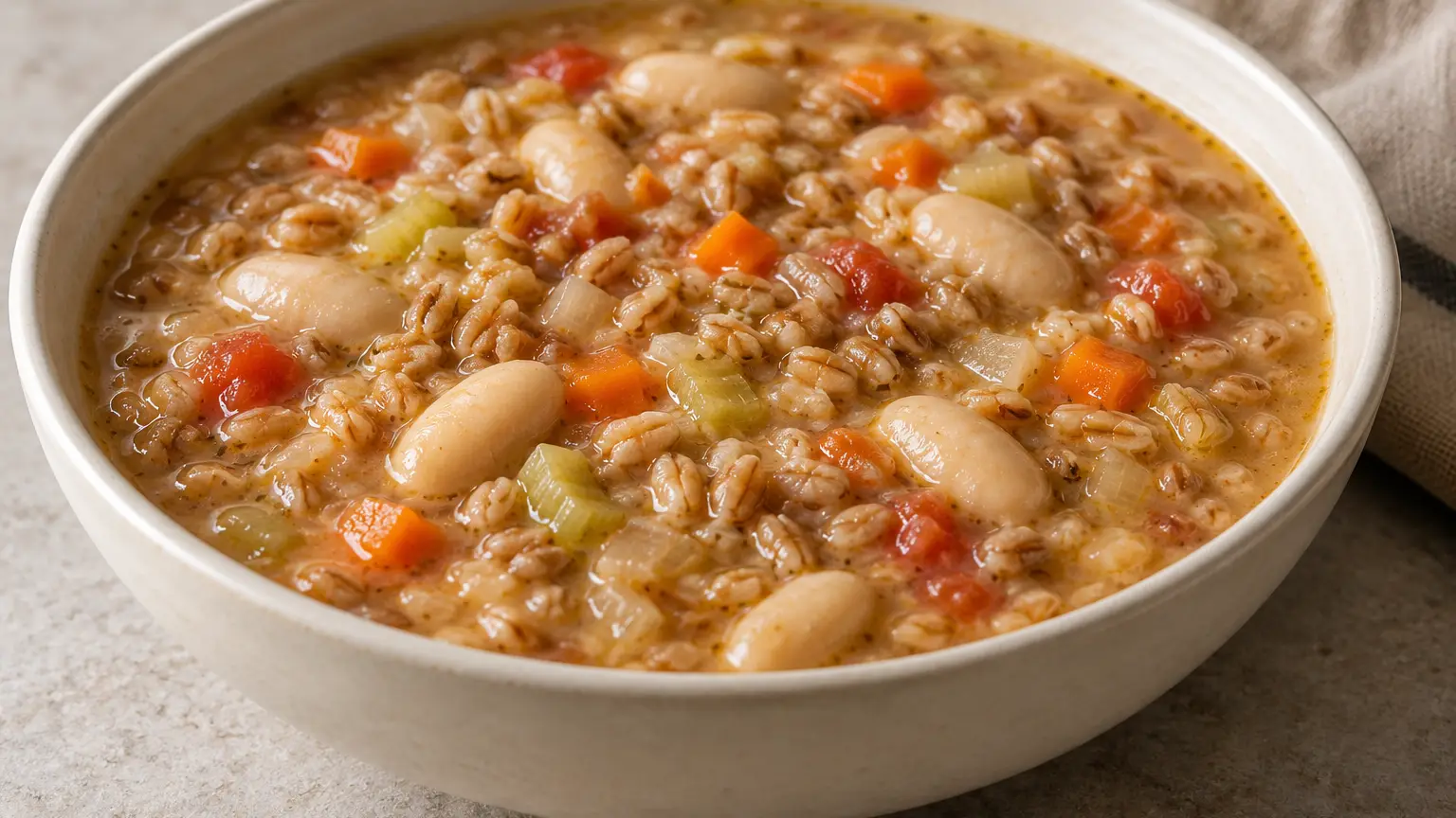 Zuppa di farro con chicchi interi di spelta, cannellini bianchi e piccole verdure
