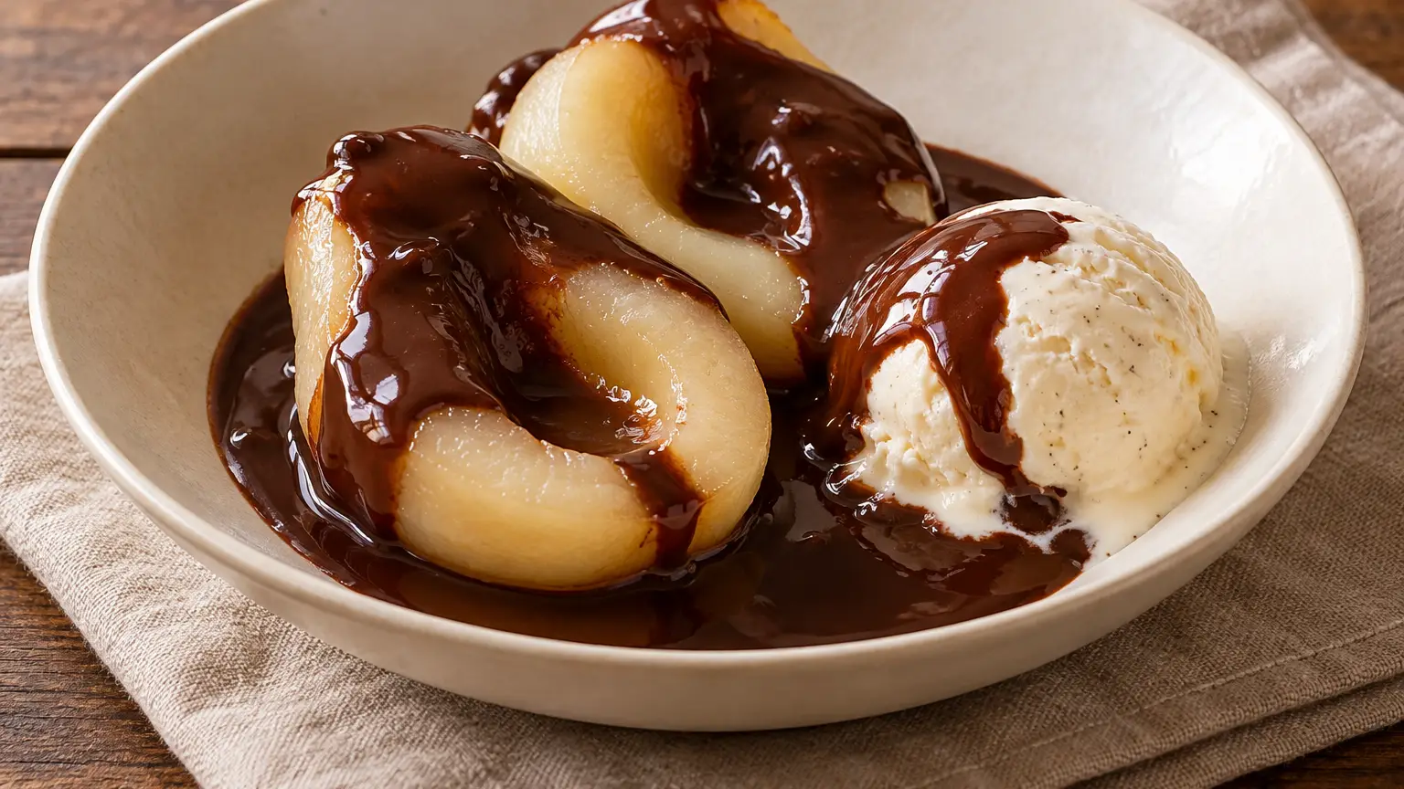 Due metà chiare di pera con gelato alla vaniglia e salsa tiepida al cioccolato senza decorazioni