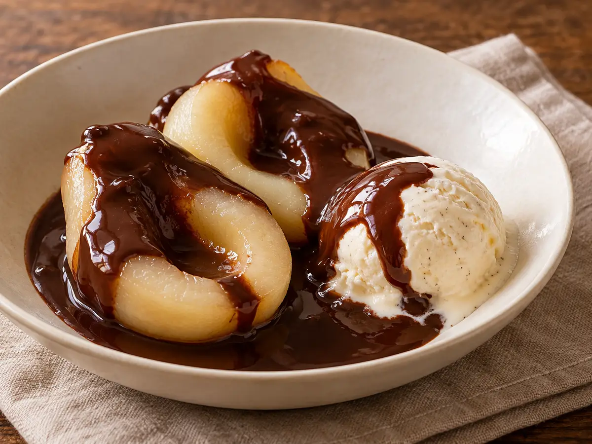 Poires Belle Hélène — pears with ice cream and chocolate