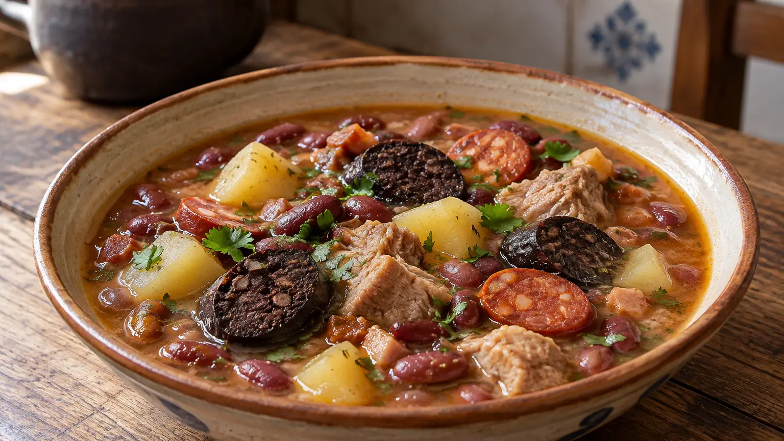 Portugese sopa da pedra met rode bonen, aardappelen, zacht varkensvlees en twee soorten worst