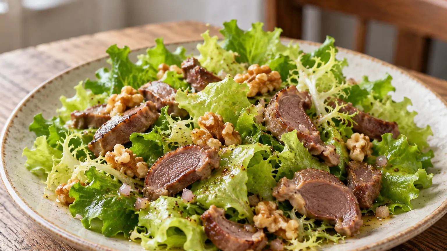 Salade périgourdine met gekonfijte eendenmaagjes, eikenbladsla, frisée en walnoten