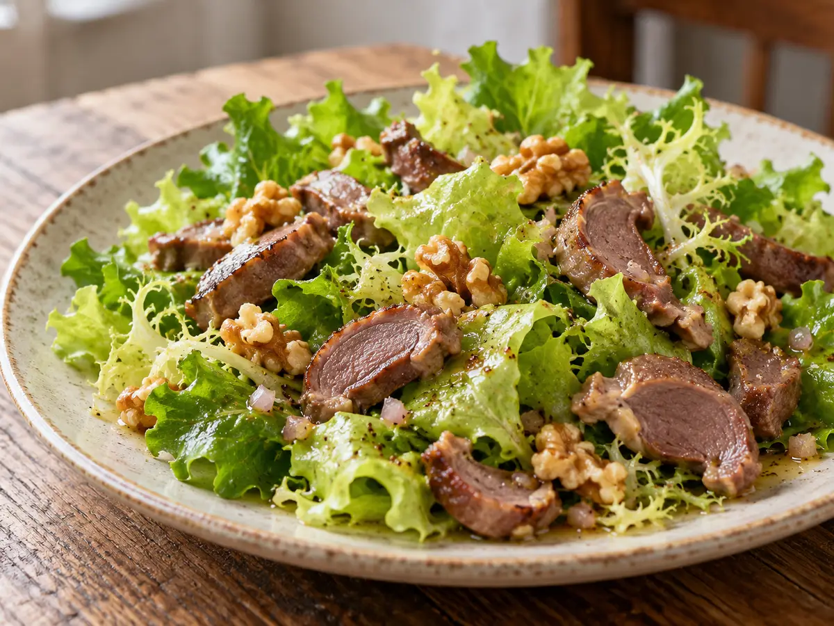 Salade périgourdine con ventrigli d'anatra confit e noci