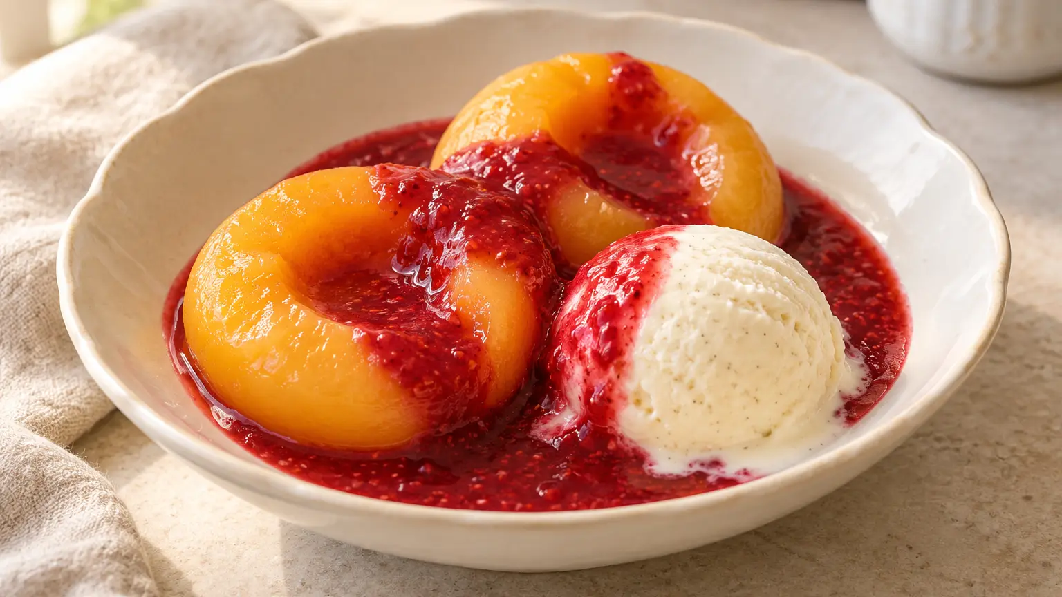 Two yellow peach halves with vanilla ice cream and red raspberry sauce in a bowl