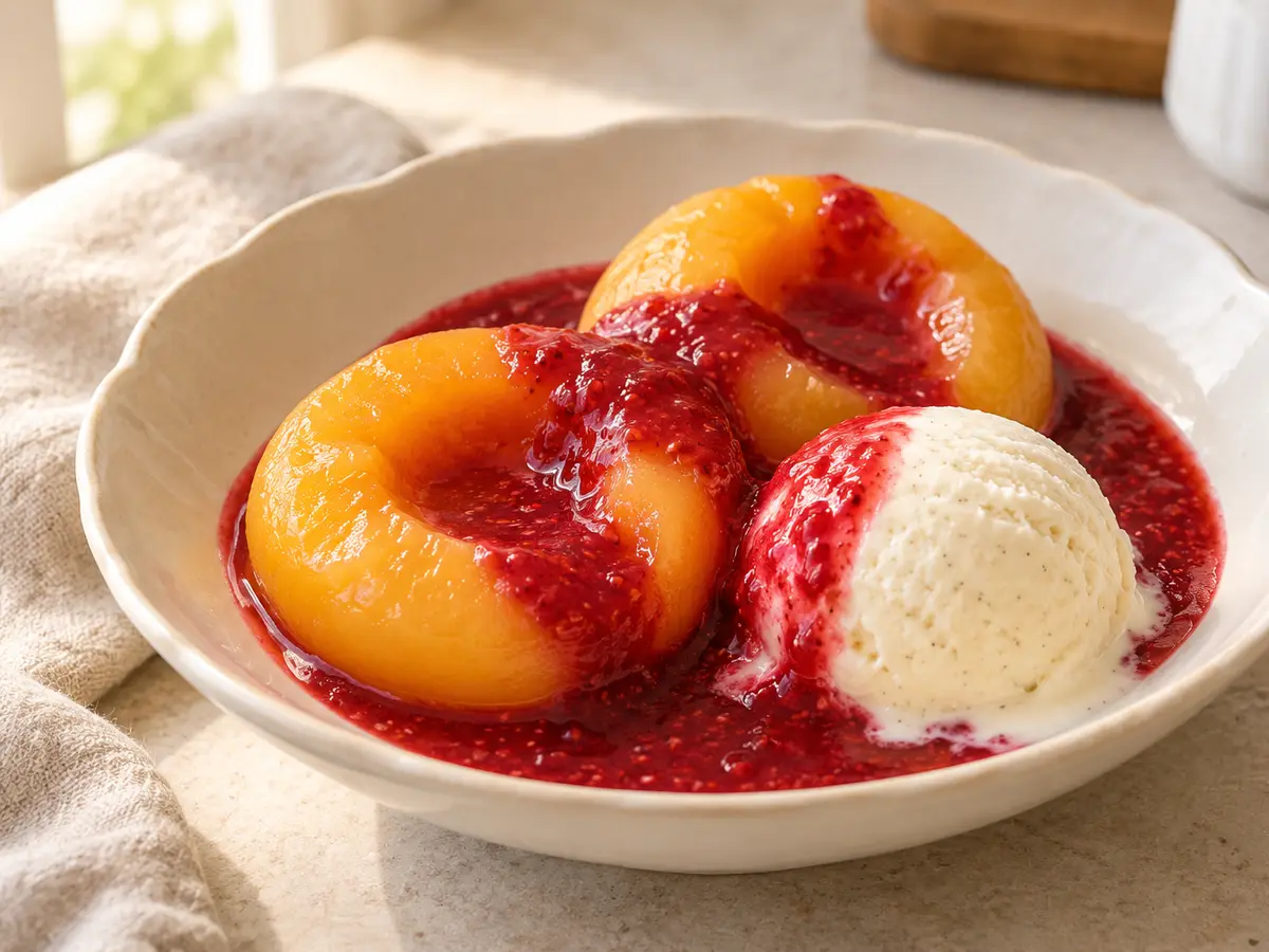 Pêche Melba — peaches with vanilla ice cream and raspberry sauce
