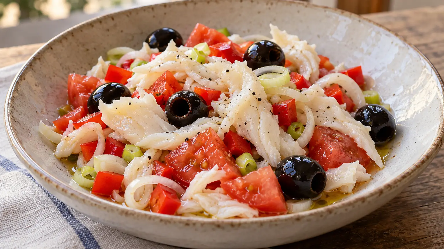 Esqueixada catalana di baccalà dissalato, pomodori succosi, peperone rosso e olive nere