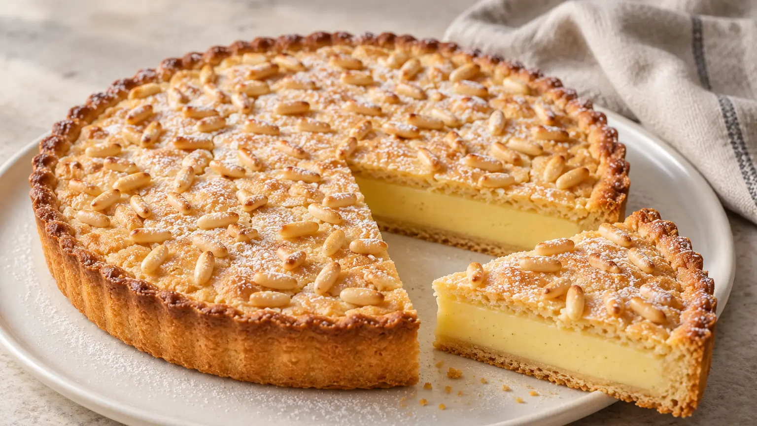Golden tart with pine nuts and powdered sugar beside a slice showing pale custard