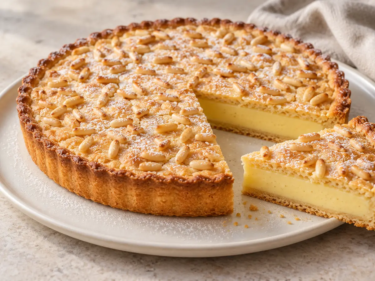 Torta della nonna — shortcrust tart with lemon-vanilla custard and pine nuts