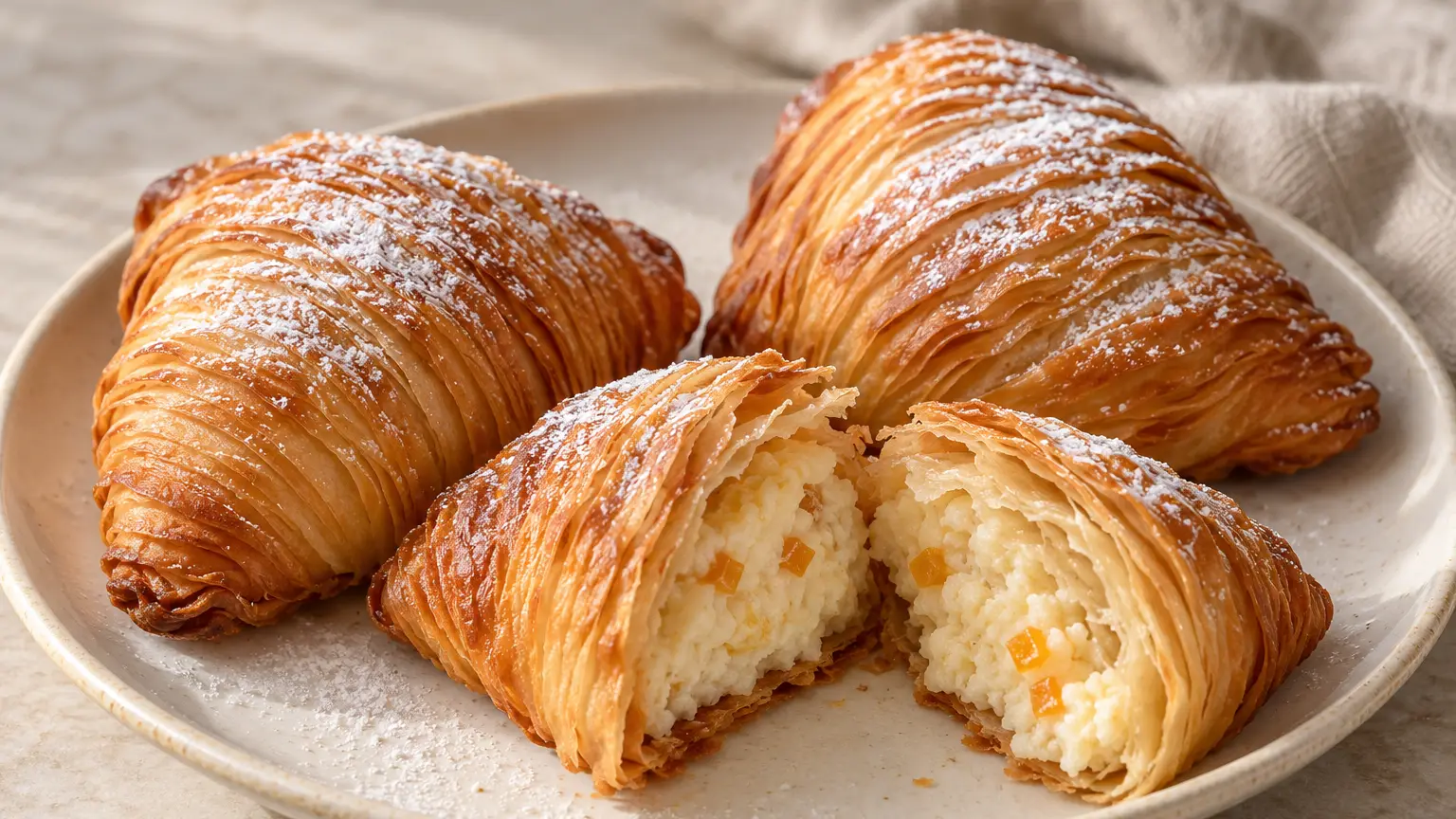 Goudbruine sfogliatelle met dunne krokante laagjes naast een doorgesneden gebakje met ricotta en sinaasappel
