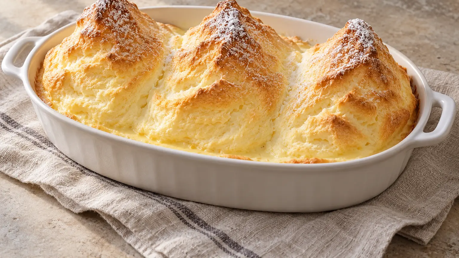 Tre cime dorate di Salzburger Nockerln spolverate nella pirofila ovale con panna calda