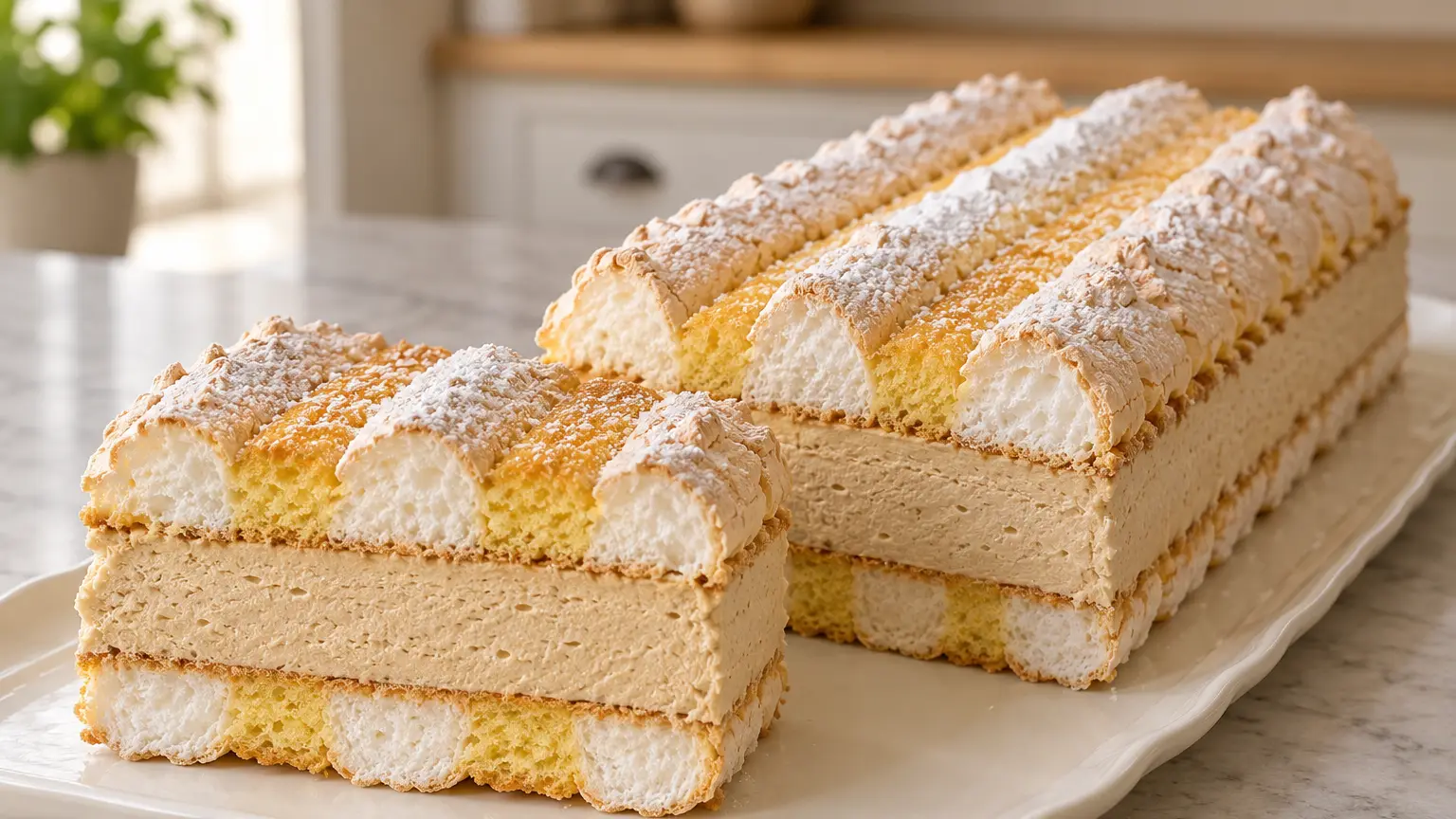 Porties Kardinalschnitten met witte meringuestrepen goudgeel biscuit en lichte koffieroom ertussen